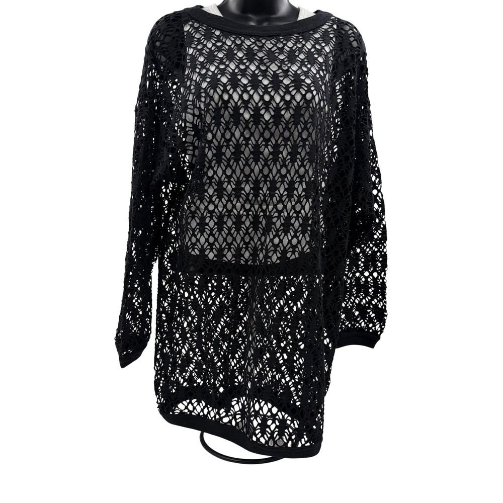Vintage Just Dawn Black Open Knit Crochet swim cover up 90s